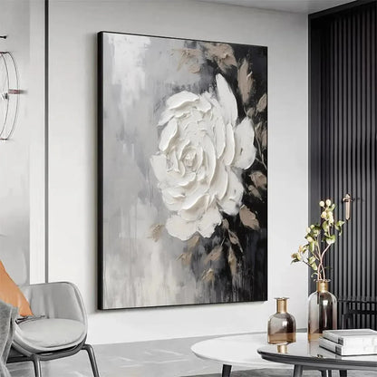 TEXTURED WHITE ROSE: 3D Floral Impasto Painting, Square Wall Art | Abstract mood, soft natural light studio shot