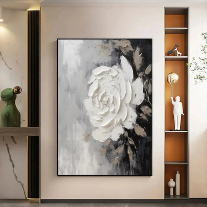TEXTURED WHITE ROSE: 3D Floral Impasto Painting, Square Wall Art | multi-color palette, original oil on stretched canvas art