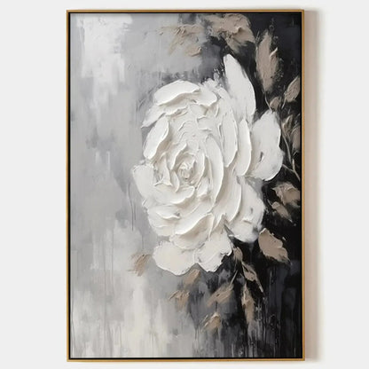 TEXTURED WHITE ROSE: 3D Floral Impasto Painting, Square Wall Art | hanging in living room, Abstract wall art