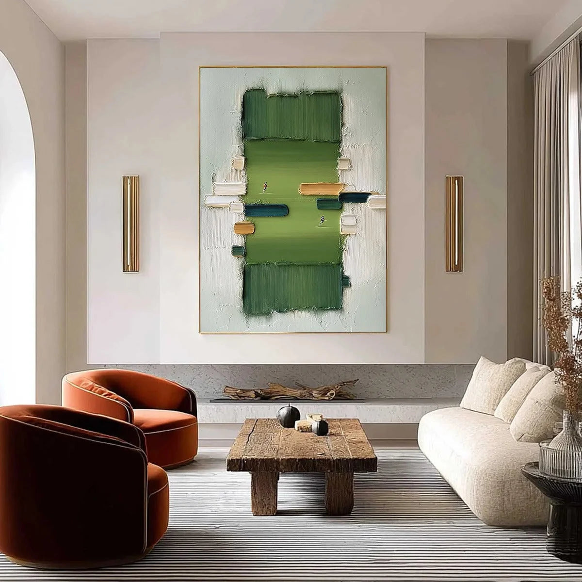 THE ARENA: Textured Abstract Sports Painting with a Minimalist Feel | gold frame stretched on neutral wall