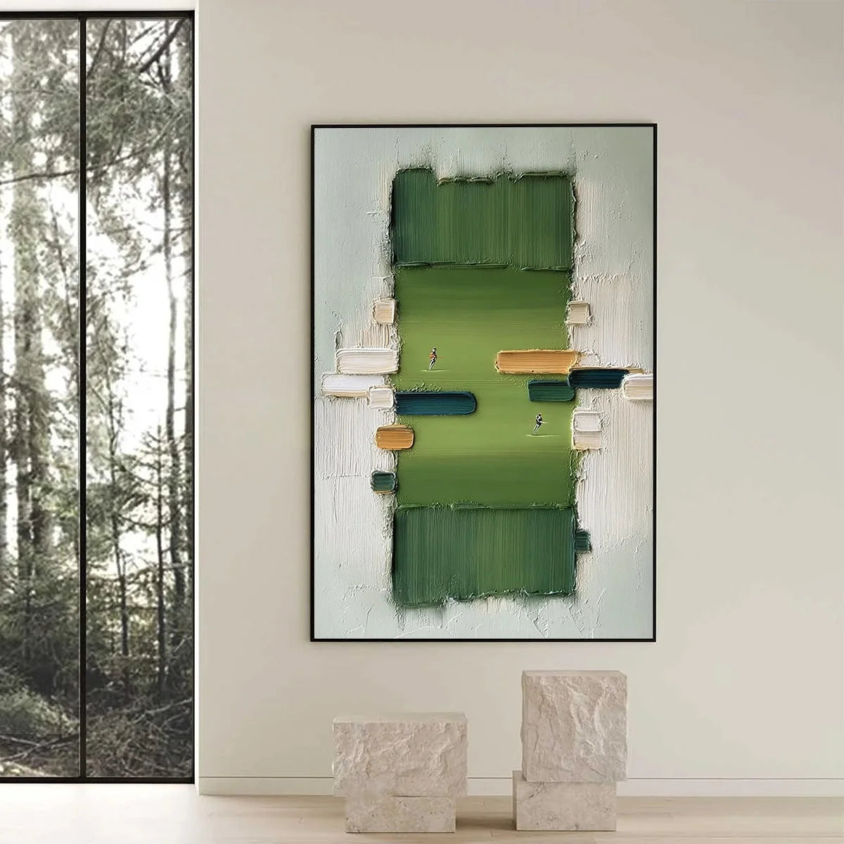THE ARENA: Textured Abstract Sports Painting with a Minimalist Feel | black frame version on white wall