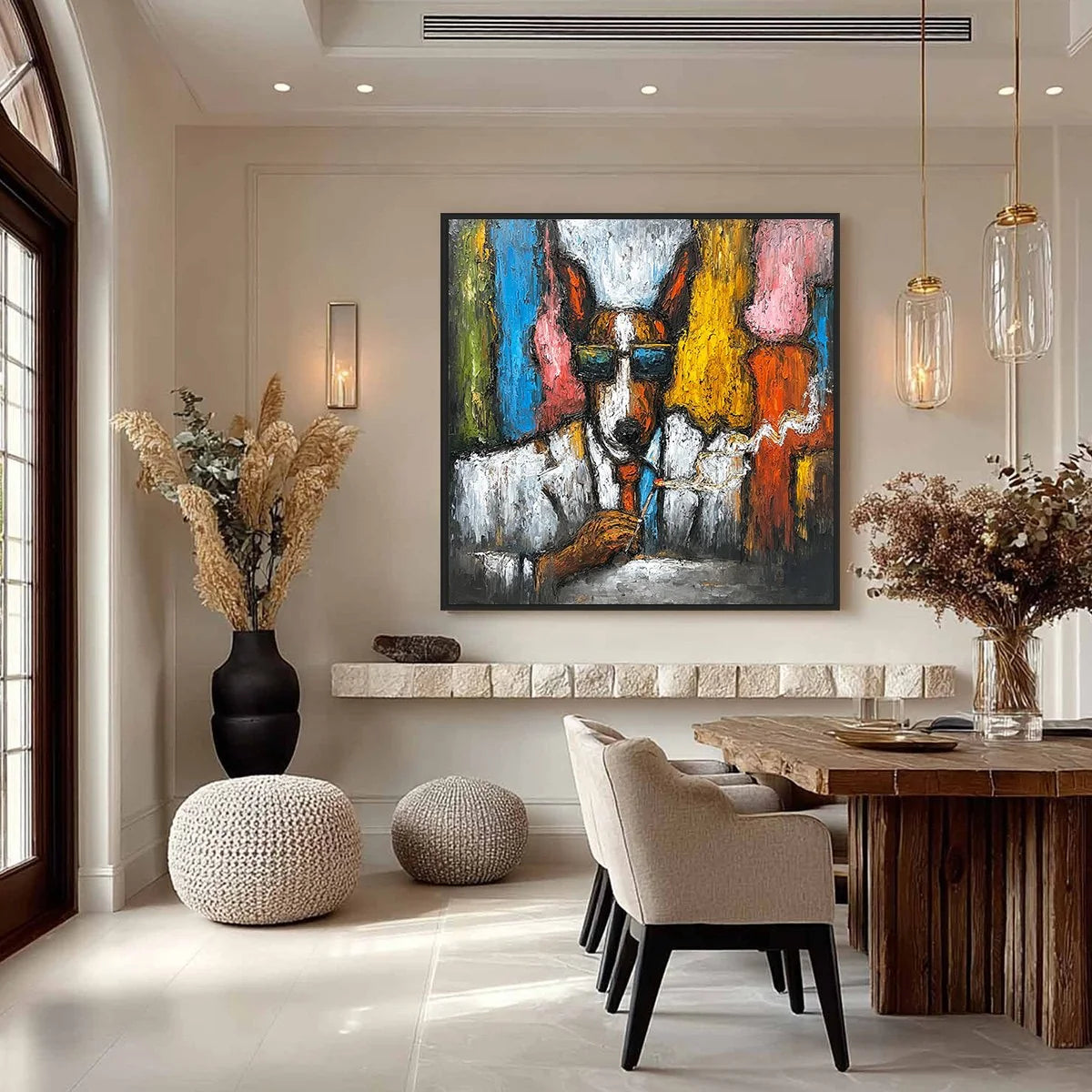 THE BOSS: Colorful Impasto Dog Portrait Painting | gold frame stretched on neutral wall