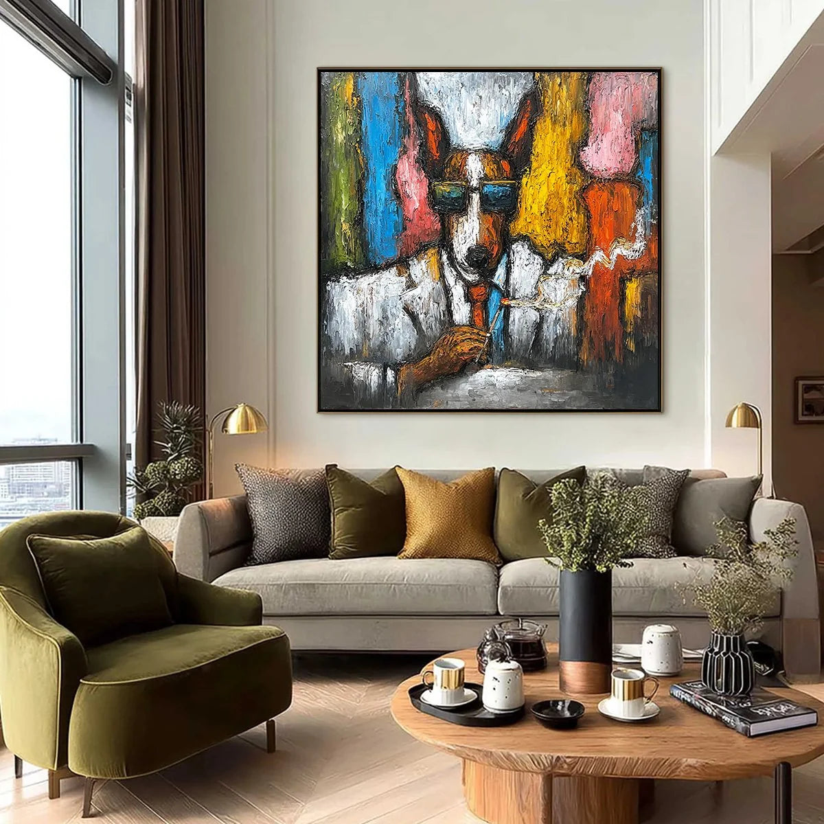 THE BOSS: Colorful Impasto Dog Portrait Painting | black frame version on white wall