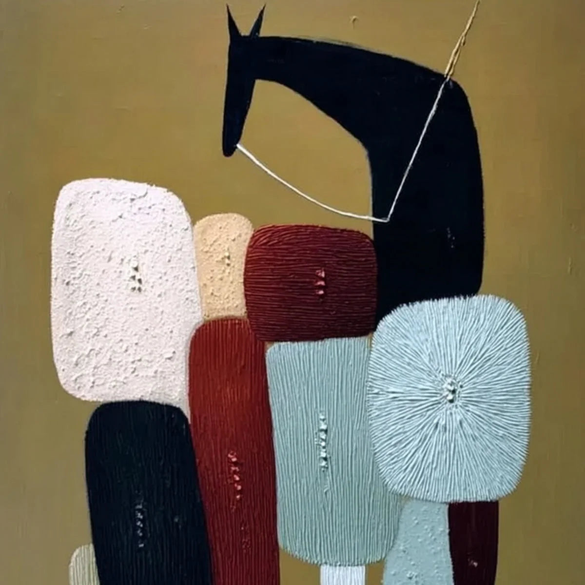 THE CARAVAN: Abstract Boho Wabi Sabi Textured Horse Painting | rectangular format, hand-painted canvas edge