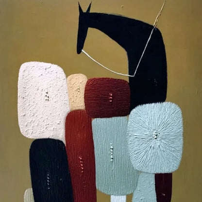 THE CARAVAN: Abstract Boho Wabi Sabi Textured Horse Painting | rectangular format, hand-painted canvas edge