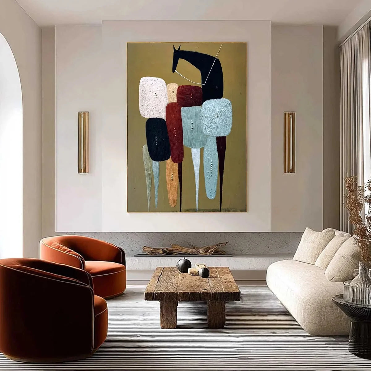 THE CARAVAN: Abstract Boho Wabi Sabi Textured Horse Painting | gold frame stretched on neutral wall