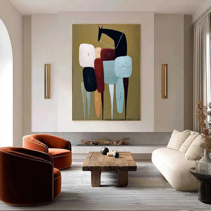 THE CARAVAN: Abstract Boho Wabi Sabi Textured Horse Painting | gold frame stretched on neutral wall