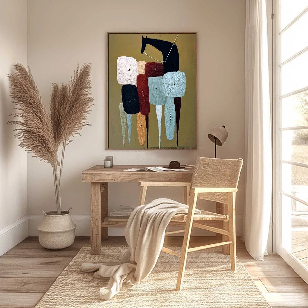 THE CARAVAN: Abstract Boho Wabi Sabi Textured Horse Painting | black frame version on white wall