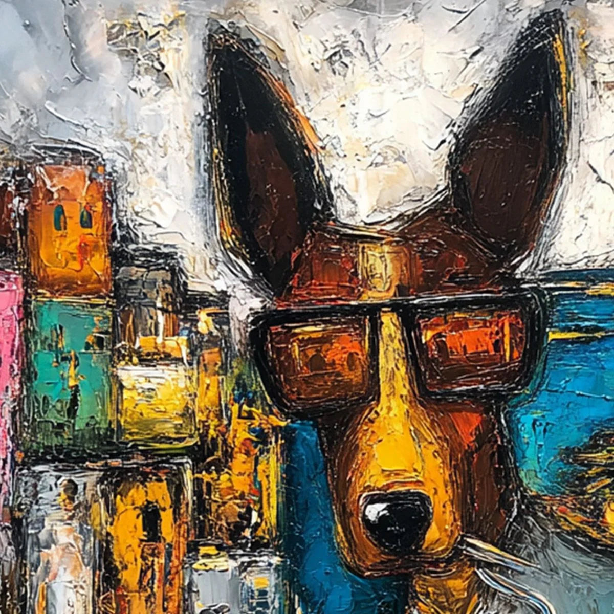 THE CHAIRMAN: Textured Impasto Painting of a Dapper Dog in the City | rectangular format, hand-painted canvas edge