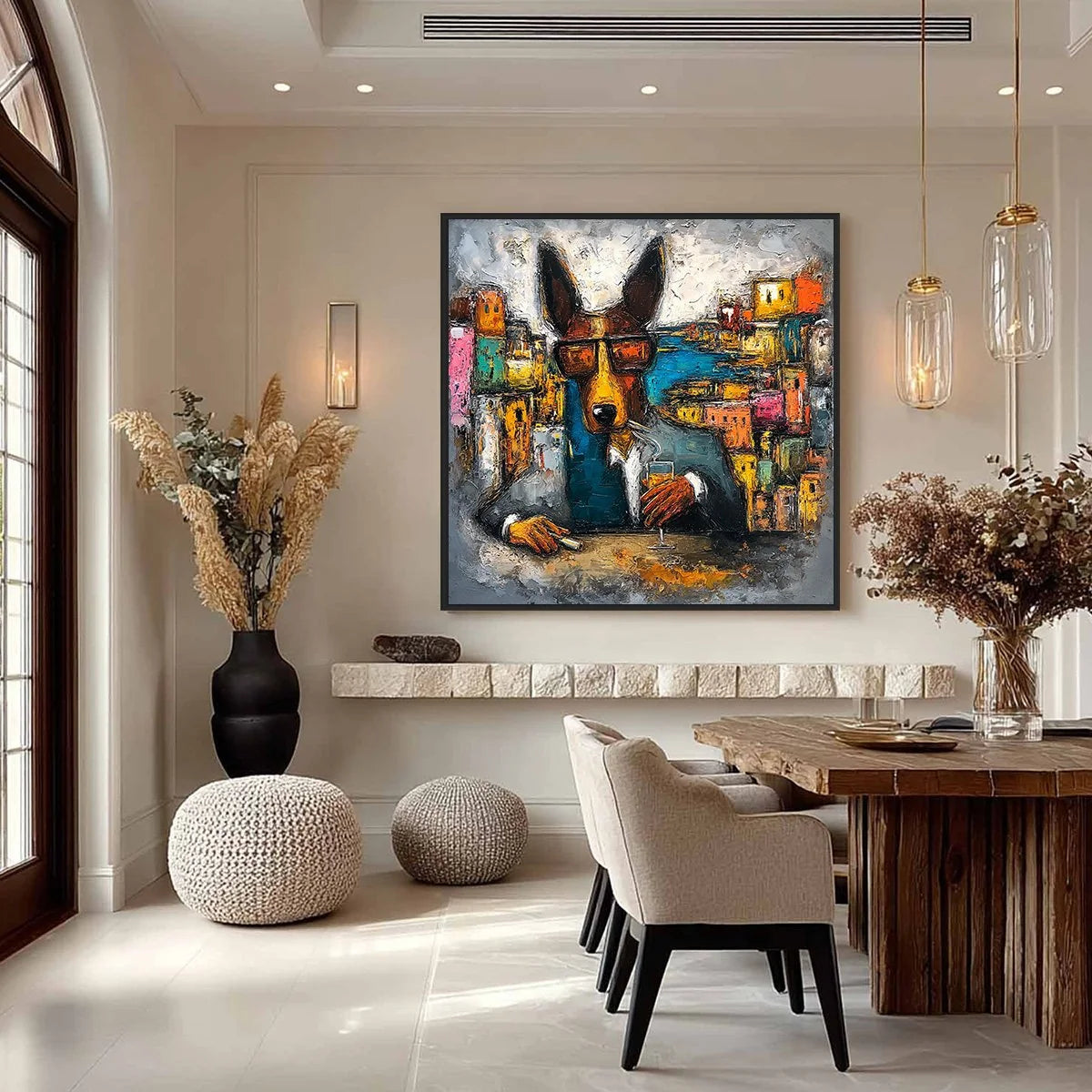 THE CHAIRMAN: Textured Impasto Painting of a Dapper Dog in the City | gold frame stretched on neutral wall