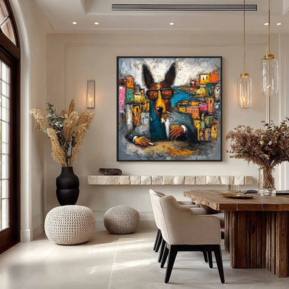 THE CHAIRMAN: Textured Impasto Painting of a Dapper Dog in the City | gold frame stretched on neutral wall