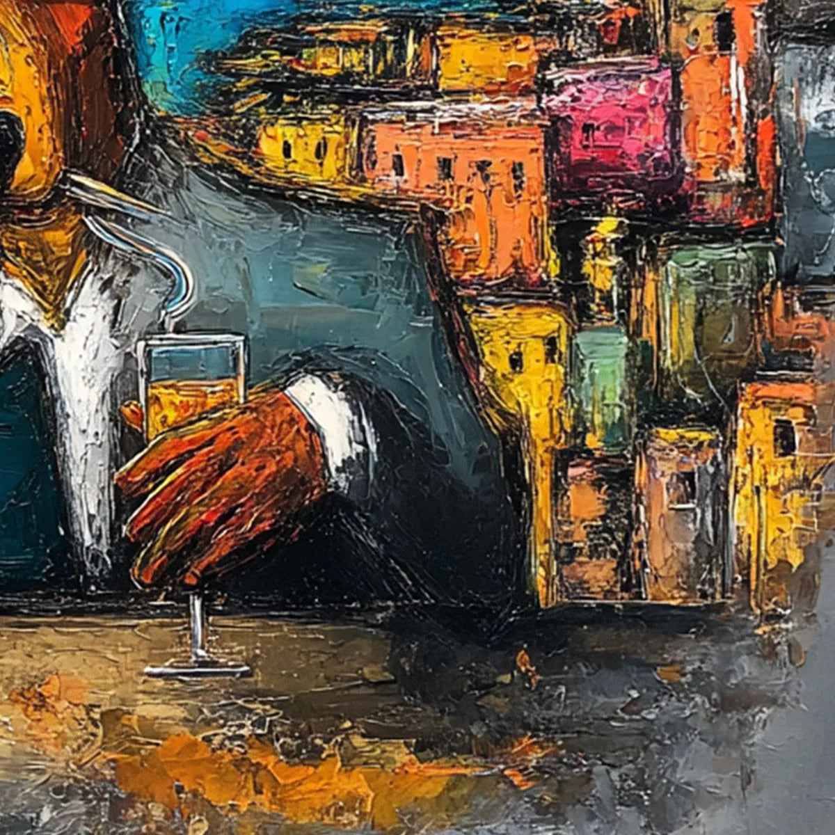 THE CHAIRMAN: Textured Impasto Painting of a Dapper Dog in the City | rolled canvas, ready for custom framing