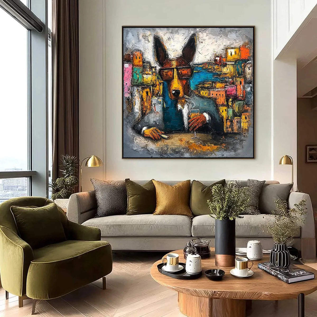 THE CHAIRMAN: Textured Impasto Painting of a Dapper Dog in the City | black frame version on white wall