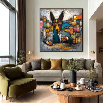 THE CHAIRMAN: Textured Impasto Painting of a Dapper Dog in the City | black frame version on white wall