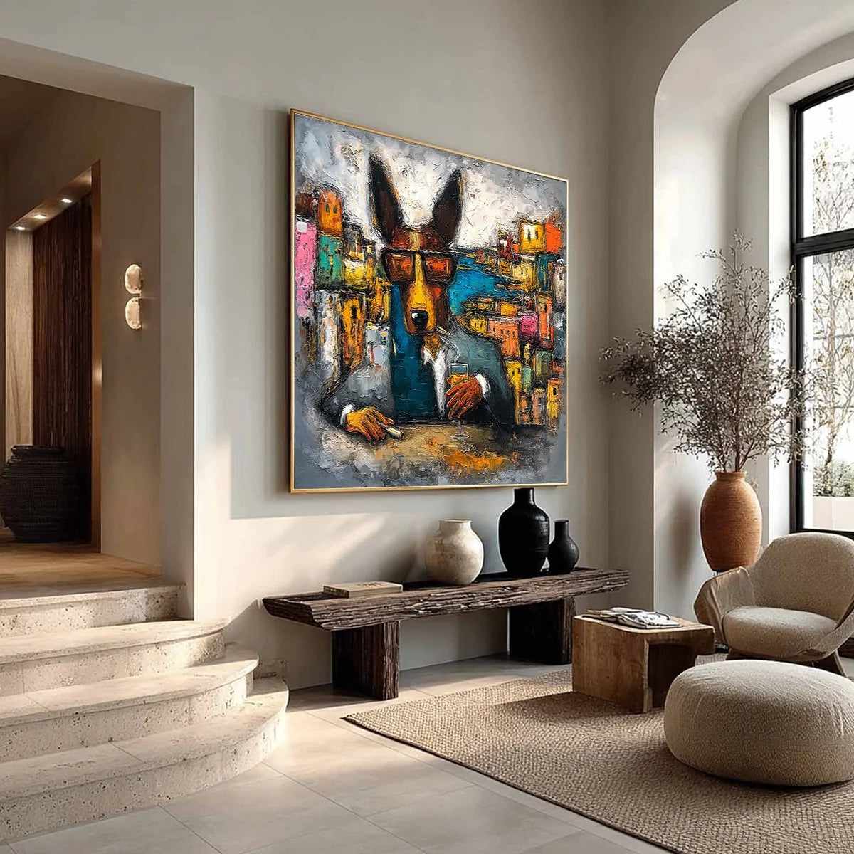 THE CHAIRMAN: Textured Impasto Painting of a Dapper Dog in the City | multi-color palette, original oil on stretched canvas art