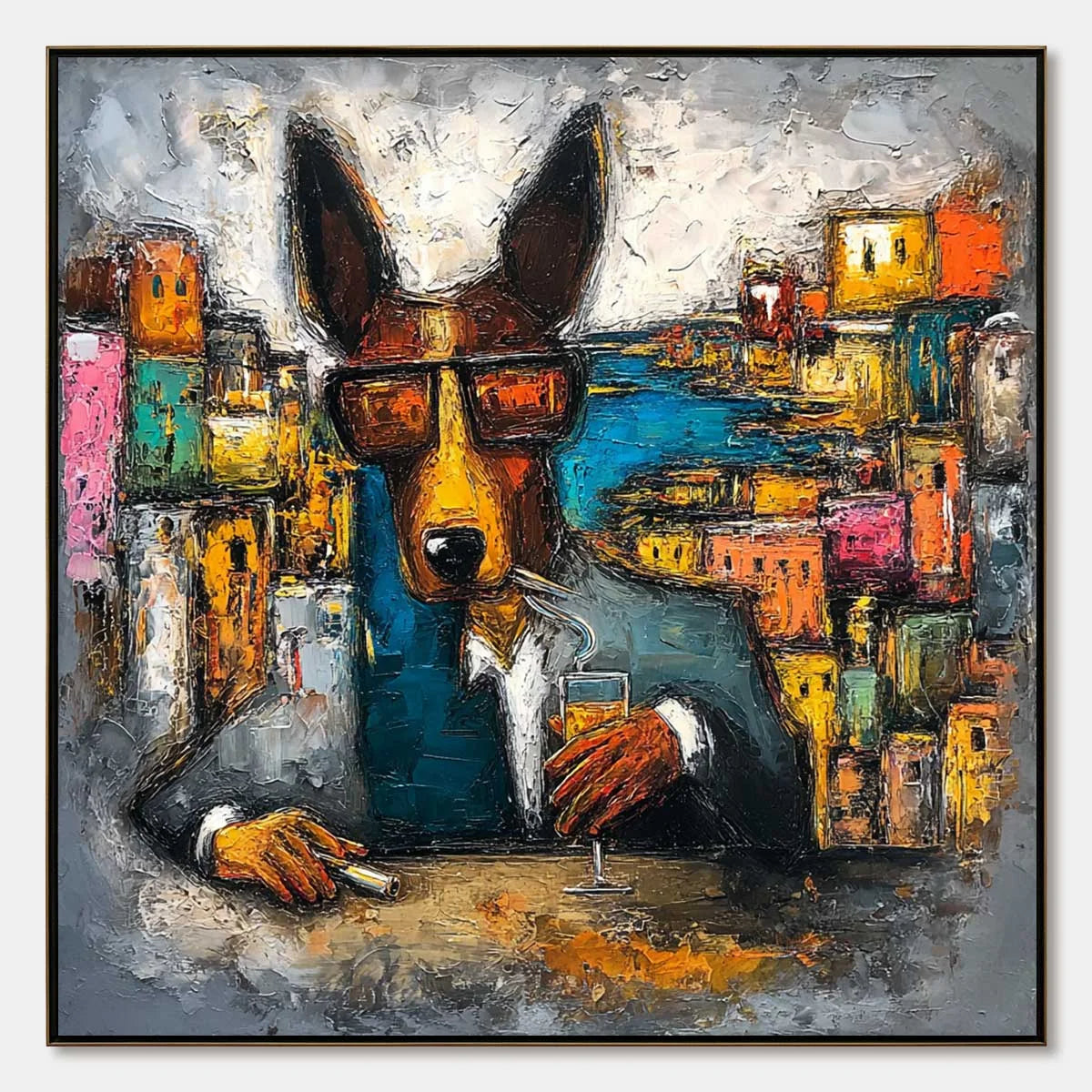 THE CHAIRMAN: Textured Impasto Painting of a Dapper Dog in the City | hanging in living room, Abstract wall art