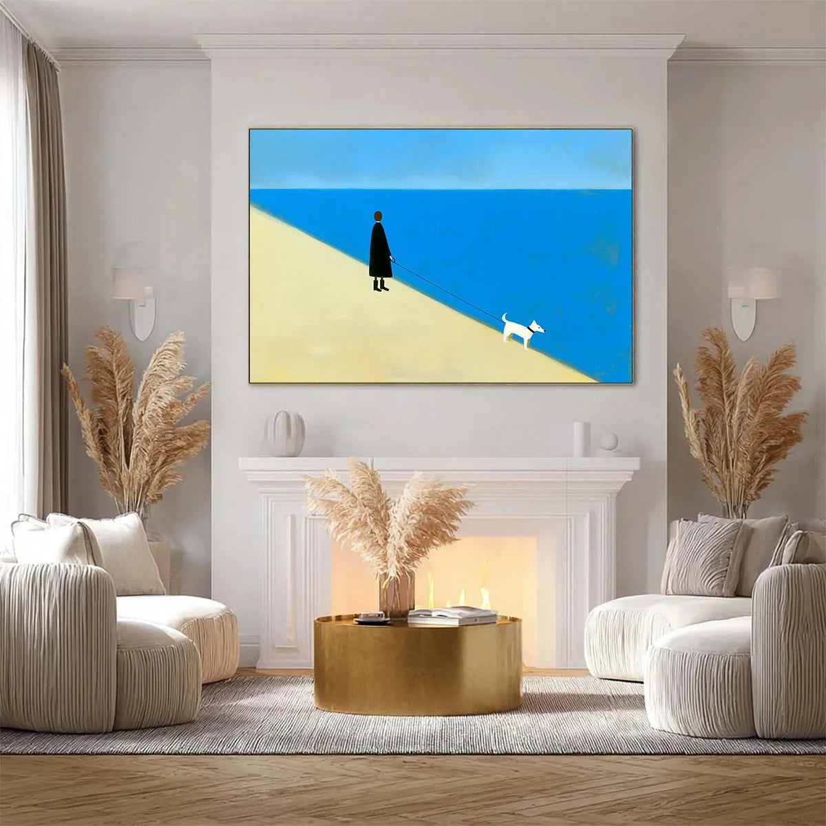 THE COMPANION Minimalist Beach Oil Painting | Modern Wall Art | gold frame stretched on neutral wall