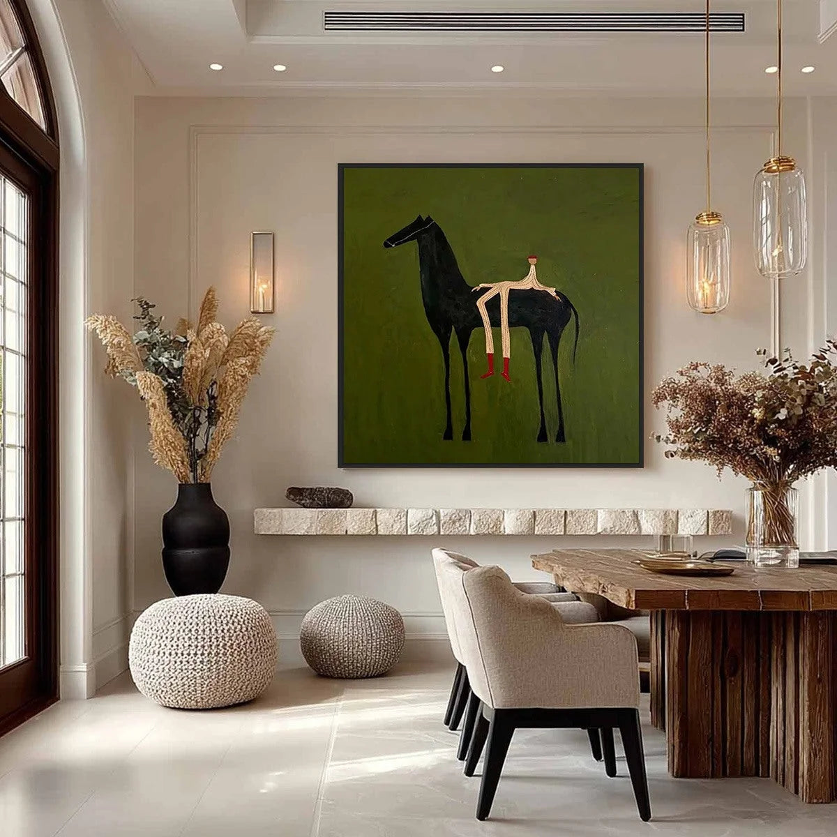 THE COMPANION: Modern Figurative Painting of a Horse and Rider | gold frame stretched on neutral wall