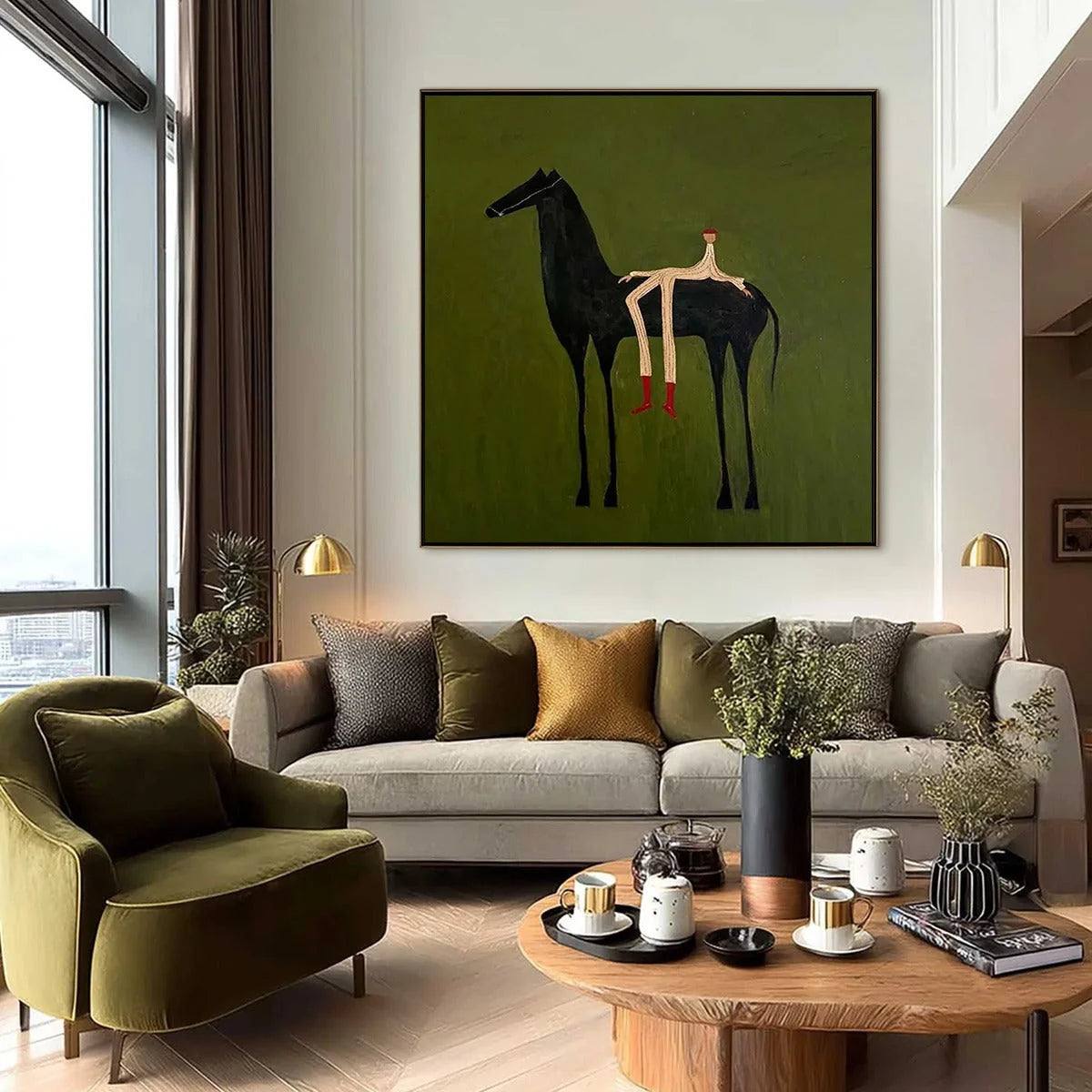 THE COMPANION: Modern Figurative Painting of a Horse and Rider | black frame version on white wall