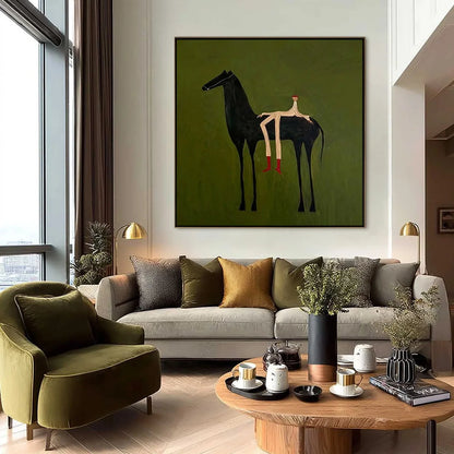 THE COMPANION: Modern Figurative Painting of a Horse and Rider | black frame version on white wall