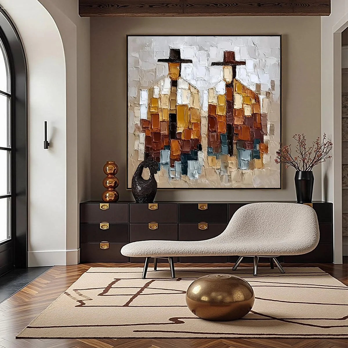 THE COMPANIONS: Heavily Textured Abstract Figurative Palette Knife Oil Painting | gold frame stretched on neutral wall