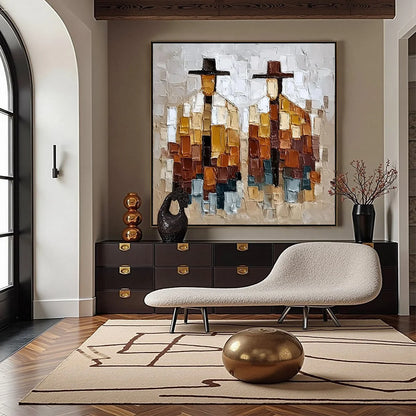 THE COMPANIONS: Heavily Textured Abstract Figurative Palette Knife Oil Painting | gold frame stretched on neutral wall