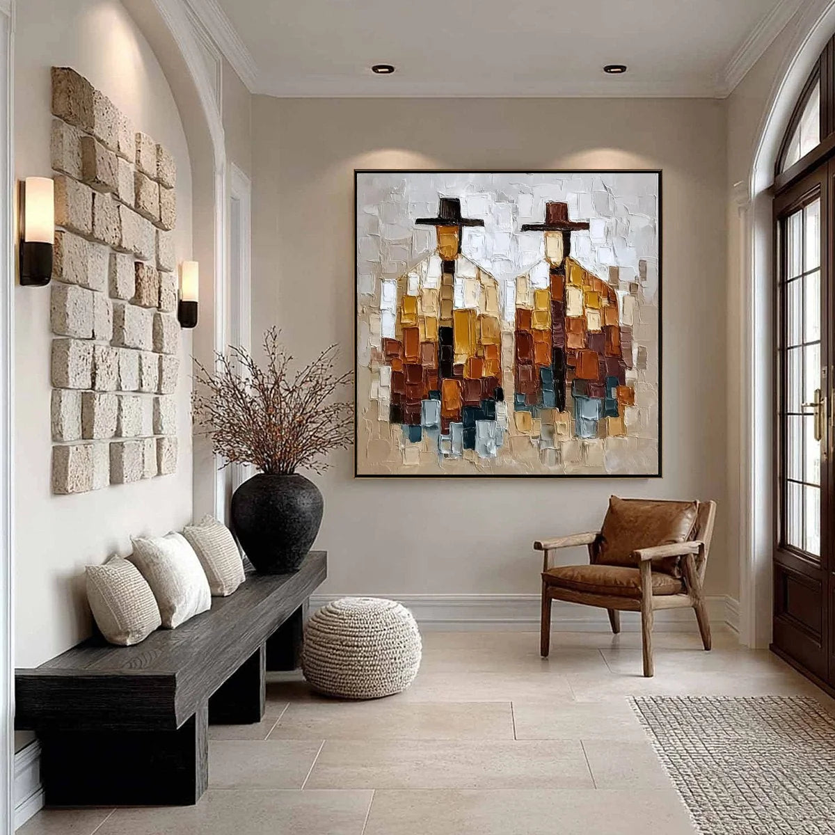 THE COMPANIONS: Heavily Textured Abstract Figurative Palette Knife Oil Painting | black frame version on white wall