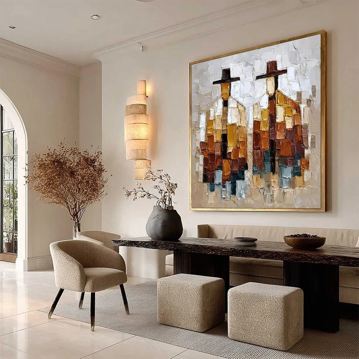 THE COMPANIONS: Heavily Textured Abstract Figurative Palette Knife Oil Painting | multi-color palette, original oil on stretched canvas art
