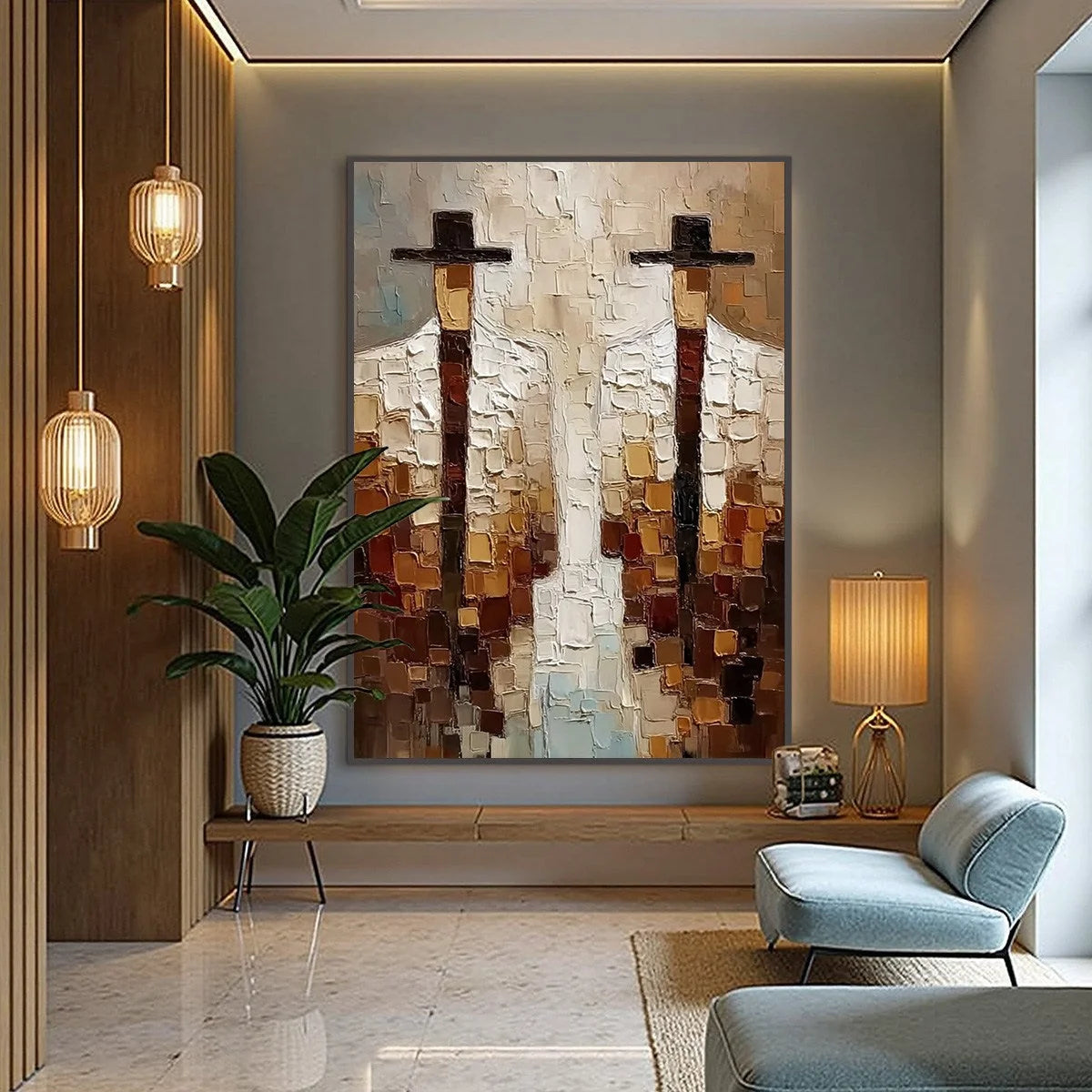 THE COMPANIONS: Heavy Texture Impasto Painting of Two Figures | gold frame stretched on neutral wall
