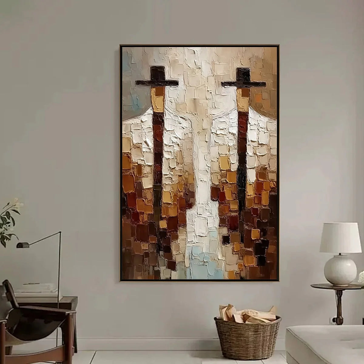 THE COMPANIONS: Heavy Texture Impasto Painting of Two Figures | black frame version on white wall
