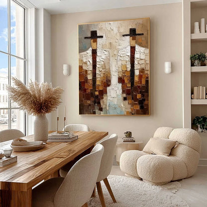 THE COMPANIONS: Heavy Texture Impasto Painting of Two Figures | Abstract mood, soft natural light studio shot