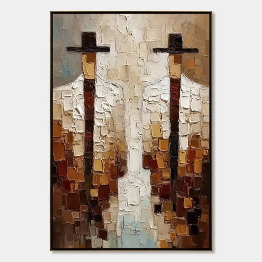 THE COMPANIONS: Heavy Texture Impasto Painting of Two Figures | hanging in living room, Abstract wall art