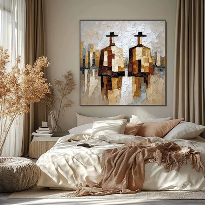 THE COMPANIONS: Textured Abstract Cityscape Painting of Two Figures | Abstract closeup, raised brushwork detail