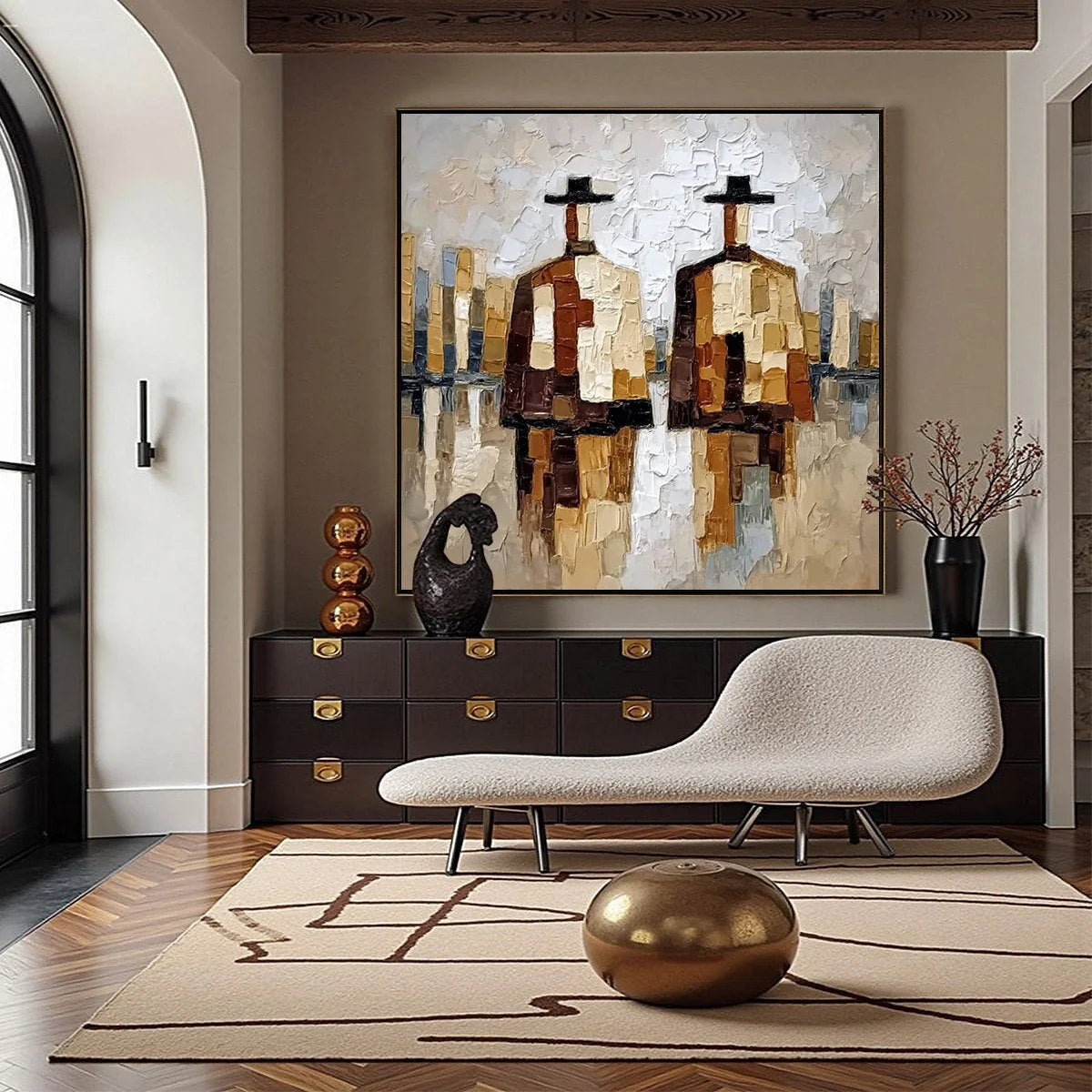 THE COMPANIONS: Textured Abstract Cityscape Painting of Two Figures | gold frame stretched on neutral wall