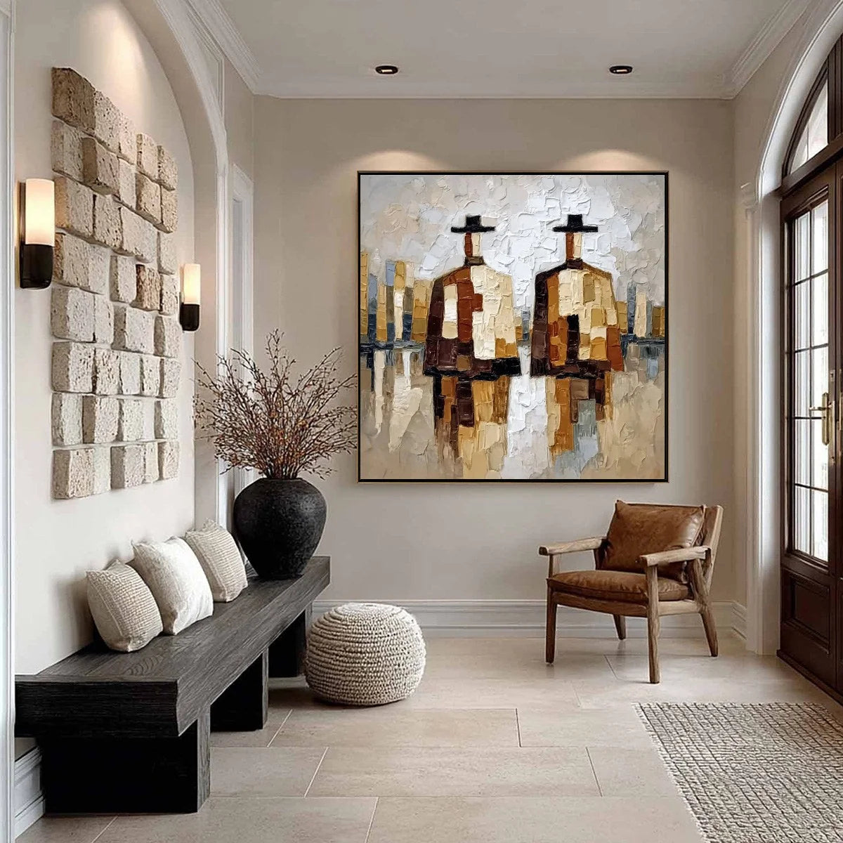 THE COMPANIONS: Textured Abstract Cityscape Painting of Two Figures | black frame version on white wall