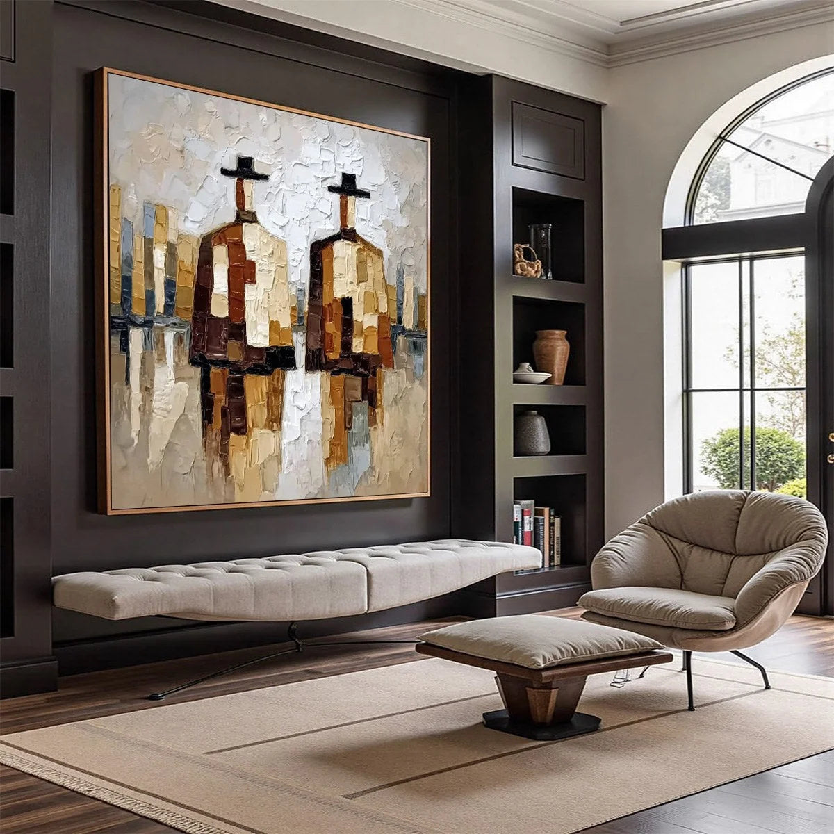 THE COMPANIONS: Textured Abstract Cityscape Painting of Two Figures | Abstract mood, soft natural light studio shot
