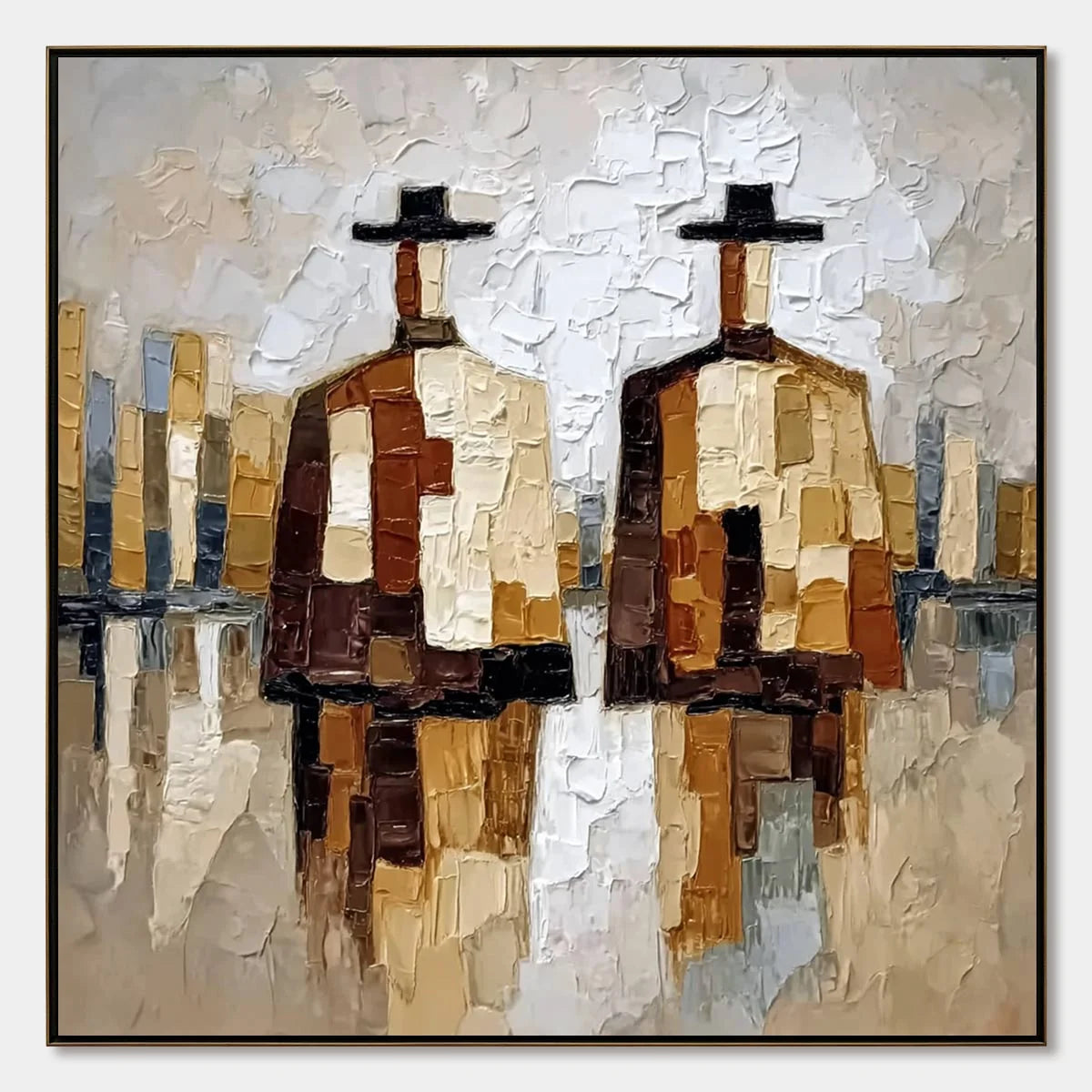 THE COMPANIONS: Textured Abstract Cityscape Painting of Two Figures | hanging in living room, Abstract wall art