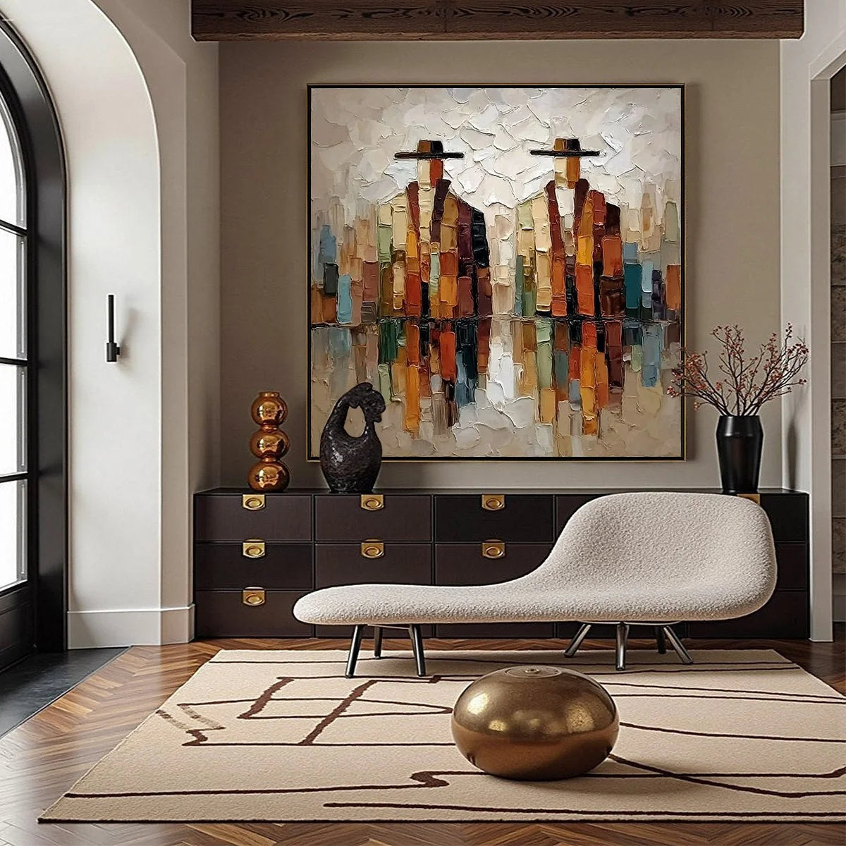 THE COMPANIONS: Textured Abstract Figurative Impasto Painting | gold frame stretched on neutral wall