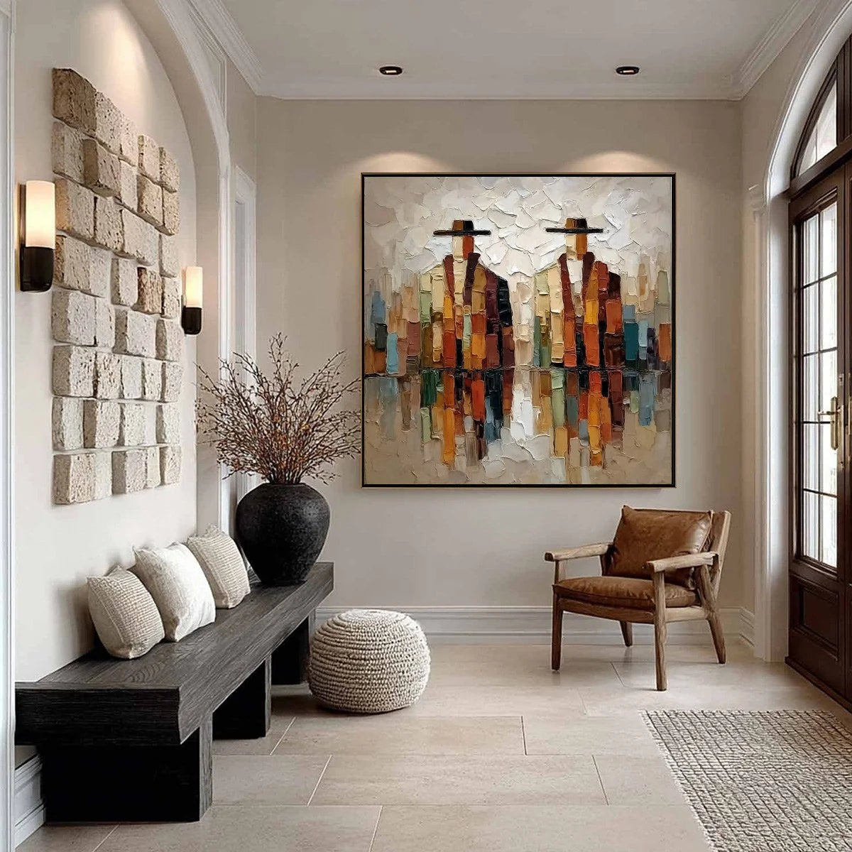 THE COMPANIONS: Textured Abstract Figurative Impasto Painting | black frame version on white wall