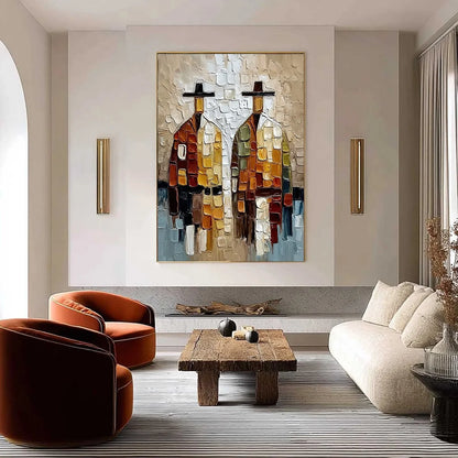 THE COMPANIONS: Textured Abstract Figurative Impasto Painting | gold frame stretched on neutral wall