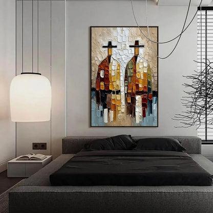 THE COMPANIONS: Textured Abstract Figurative Impasto Painting | black frame version on white wall