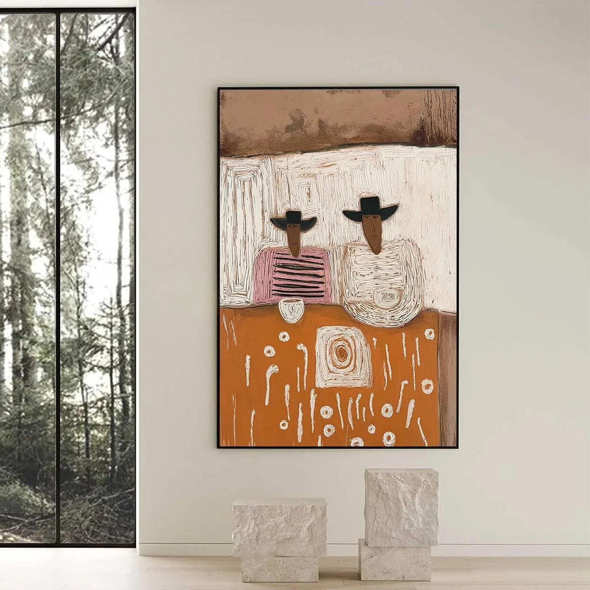 THE COMPANIONS: Textured Boho Figurative Impasto Oil Painting | black frame version on white wall