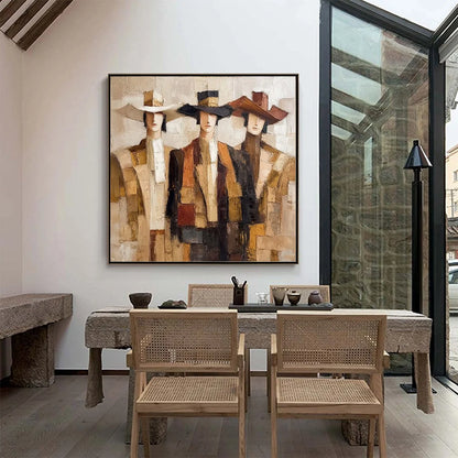 THE COMPANIONS: Textured Figurative Portrait Oil Painting with Palette Knife | gold frame stretched on neutral wall