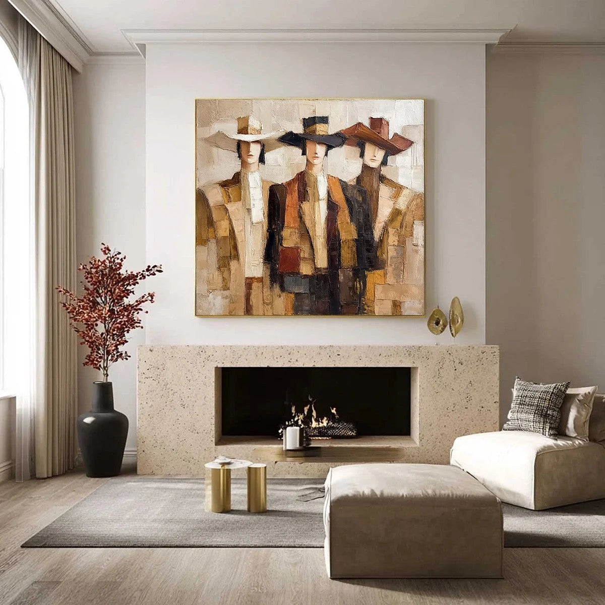 THE COMPANIONS: Textured Figurative Portrait Oil Painting with Palette Knife | black frame version on white wall