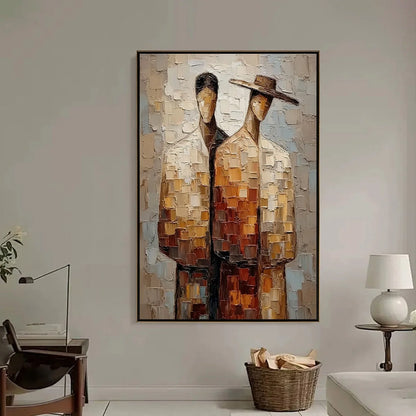 THE COMPANIONS: Textured Impasto Abstract Figurative Couple Painting | Figurative closeup, raised brushwork detail