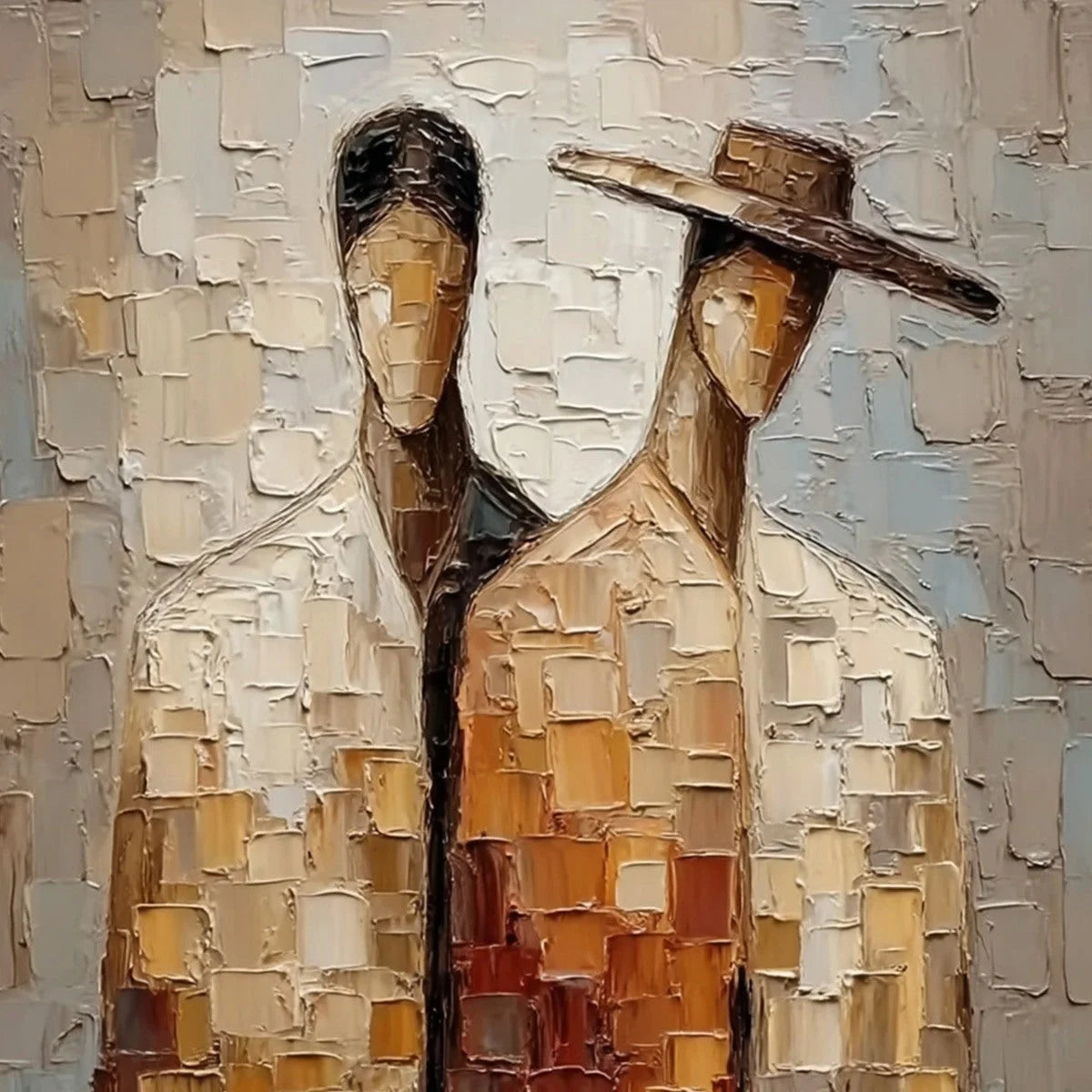 THE COMPANIONS: Textured Impasto Abstract Figurative Couple Painting | rectangular format, hand-painted canvas edge