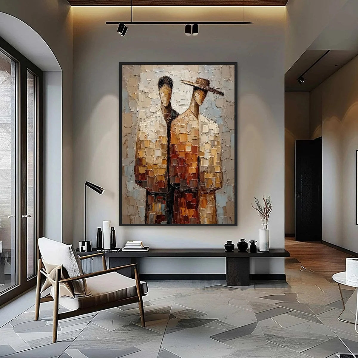 THE COMPANIONS: Textured Impasto Abstract Figurative Couple Painting | gold frame stretched on neutral wall