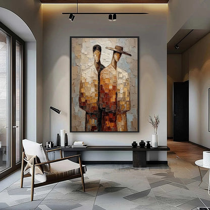THE COMPANIONS: Textured Impasto Abstract Figurative Couple Painting | gold frame stretched on neutral wall