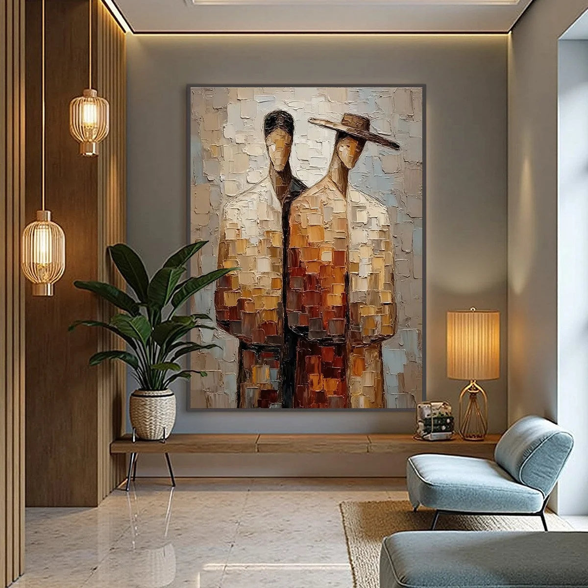 THE COMPANIONS: Textured Impasto Abstract Figurative Couple Painting | black frame version on white wall