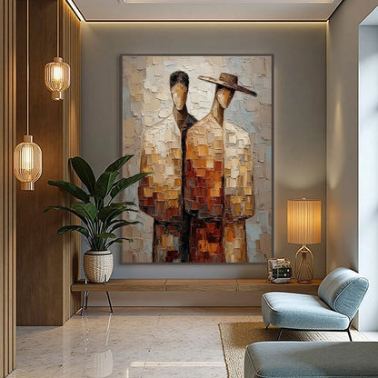 THE COMPANIONS: Textured Impasto Abstract Figurative Couple Painting | black frame version on white wall